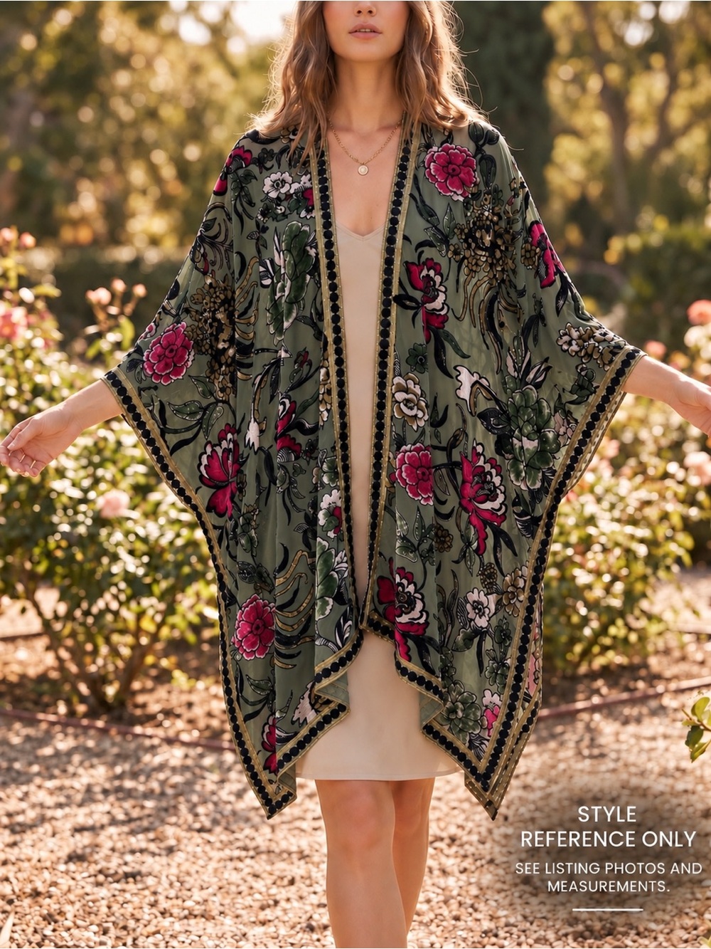 Angie Velvet Burnout Floral Kimono One Size Olive Boho Whimsigoth